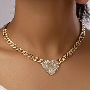 Diamond Heart Cuban Link Gold Toned Necklace